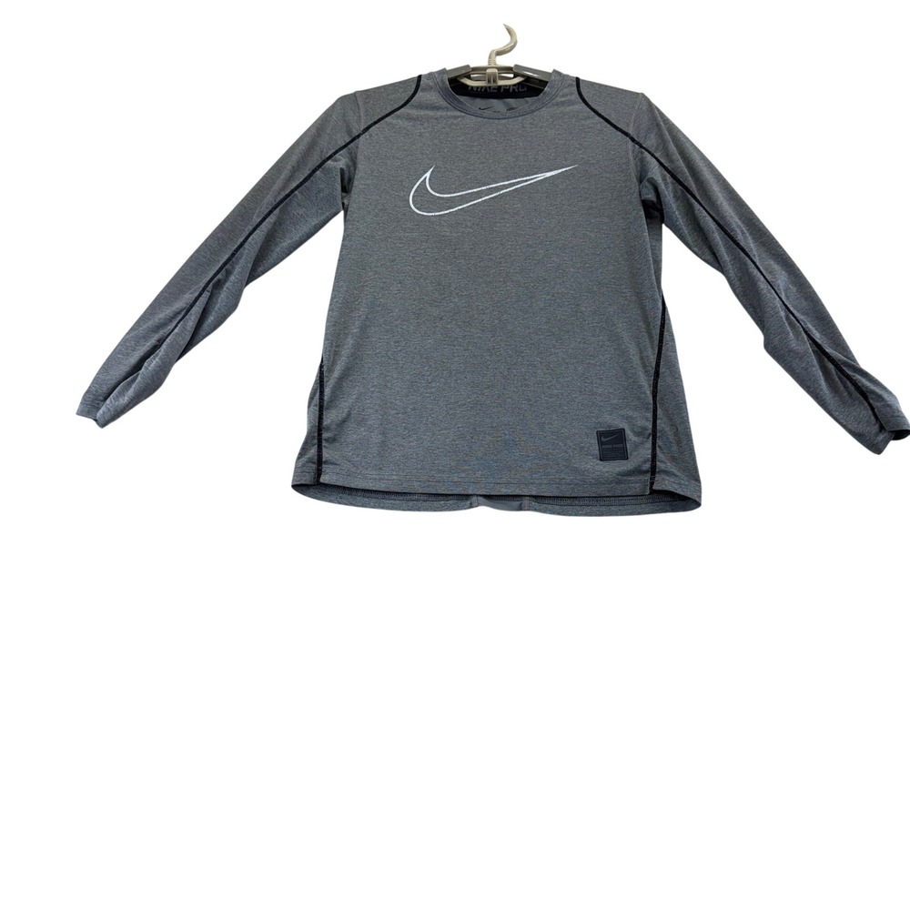 Nike Pro Shirt Kids Medium Gray Dri-FIT Long Sleeve Fitted Athletic Swoosh Logo